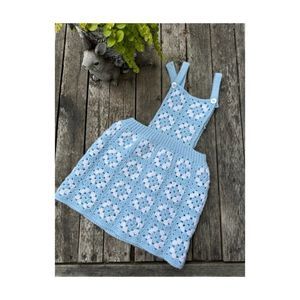 Vintage 70s Handmade Granny Square Bib Tank Dress Baby Blue & White